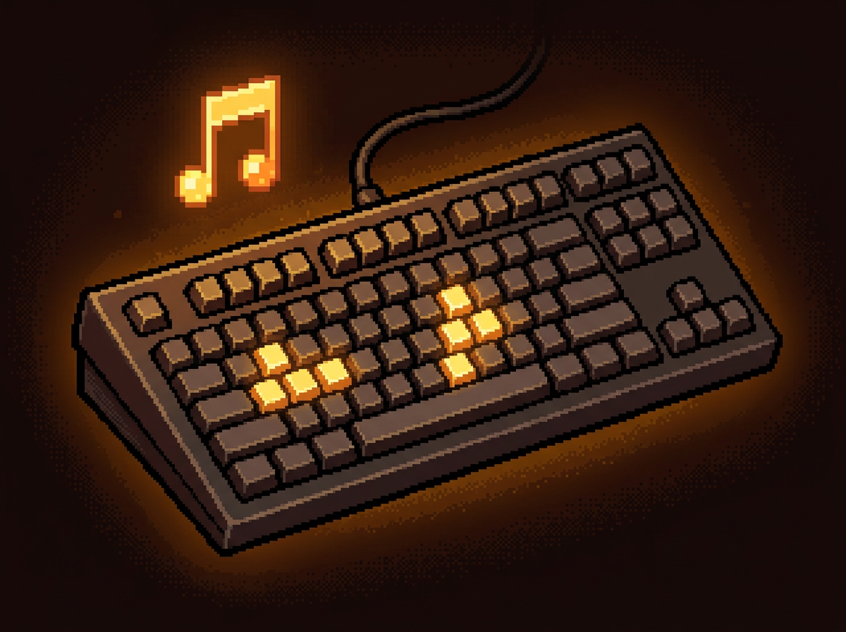Retro keyboard with glowing keys and a music note