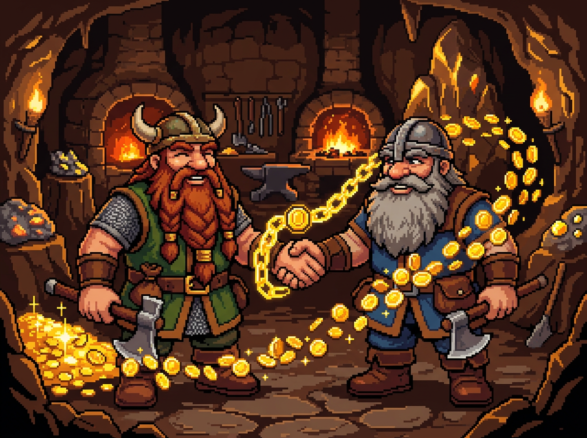 Two dwarves shaking hands over a golden referral chain